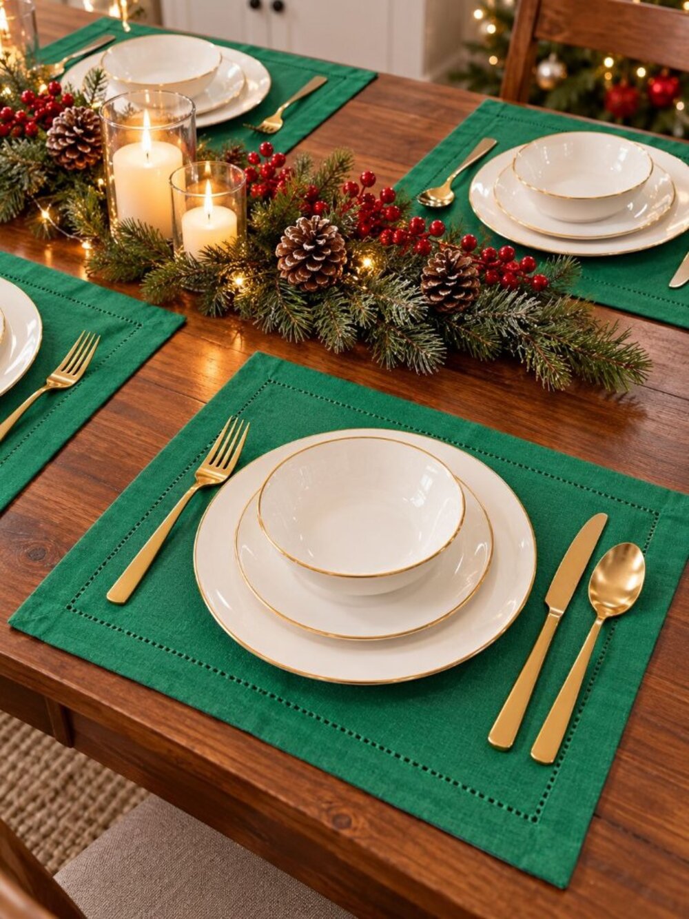 Holiday Home Placemats Square Solid Hemstitch Green Cotton Set Of 8 New 18"x18"